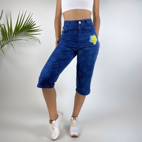 Vintage 90s Blue Floral Looney Tunes Capri Jean Pants / Size: 0 Womens, Girls 14 - Picture 1 of 9